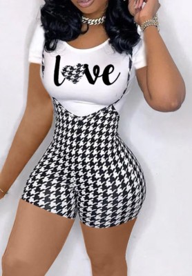 Summer Casual Tight Print White Shirt and Black Suspender Shorts