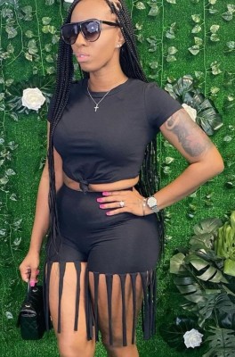 Summer Black Sexy Crop Top and Fringe Shorts 2pc Matching Set