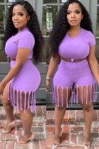 Summer Purple Sexy Crop Top and Fringe Shorts 2pc Matching Set