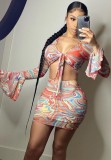 Summer Print Sexy Long Sleeve Knotted Crop Top and Mini Skirt Set