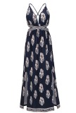 Summer Print Blue Side Slit Deep-V Halter Long Dress