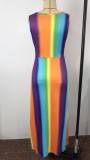 Summer Plus Size Deep-V Side Slit Sleeveless Sexy Rainbow Long Maxi Dress