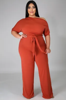 Summer Plus Size Orange Slash Shoulder Formal Jumpsuit