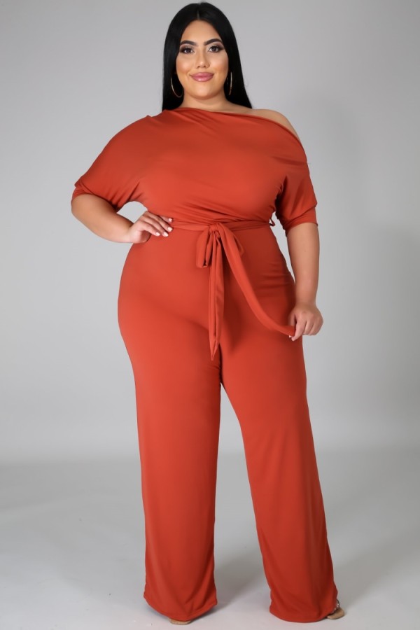 Summer Plus Size Orange Slash Shoulder Formal Jumpsuit