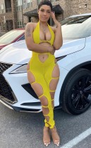 Summer Yellow Hollow Out Sexy Halter Bodycon Jumpsuit