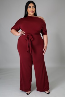 Summer Plus Size Burgunry Slash Shoulder Formal Jumpsuit