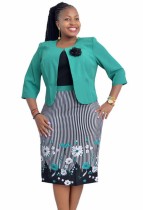 Summer Plus Size Mother Formal Print Dress and Blazer Suit