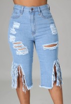 Summer Blue Knee-Length High Waist Ripped Fringe Denim Shorts