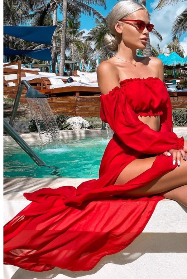 Summer Red Bandeau Top and Side Slit Long Skirt Matching Set
