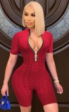 Summer Red Waffle Zipper Sexy Bodycon Rompers