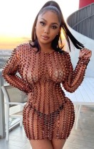 Summer Brown Hollow Out Sexy Metallic Mini Club Dress with Full Sleeves