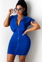 Summer Casual Blue Zipper Hoody Dress