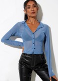 Summer Blue Sexy Transparent Short Blouse with Full Sleeves