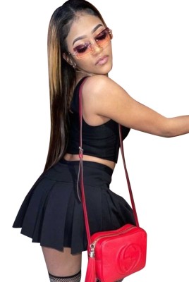 Summer Casual Black Short Vest and High Waist Pleated Skirt 2pc Set