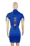 Summer Casual Blue Zipper Hoody Dress
