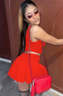 Summer Casual Red Short Vest and High Waist Pleated Skirt 2pc Set
