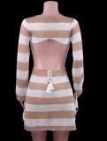 Summer Stripes Hollow Out O-Ring Crochet Deep-V Mini Dress with Full Sleeves