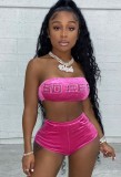 Summer Pink Beaded Velvet Bandeau Top and Shorts 2pc Matching Set