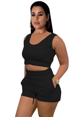 Summer Casual Black Short Vest and Sweat Shorts 2pc Set
