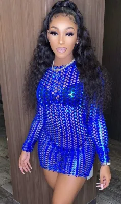 Summer Blue Hollow Out Sexy Metallic Mini Club Dress with Full Sleeves