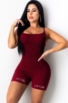 Summer Burgunry Print Sexy Strap Ribbed Rompers