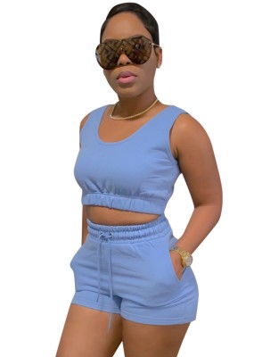 Summer Casual Blue Short Vest and Sweat Shorts 2pc Set