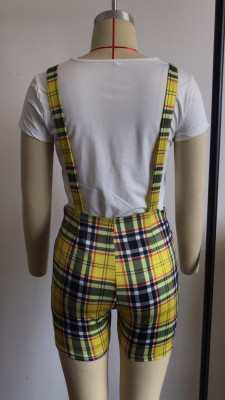 Summer Casual Print White Shirt and Plaid Suspender Shorts 2pc Set