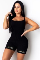 Summer Black Print Sexy Strap Ribbed Rompers