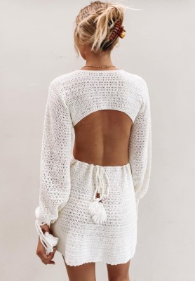 Summer White Hollow Out O-Ring Crochet Deep-V Mini Dress with Full Sleeves