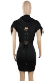 Summer Casual Black Zipper Hoody Dress
