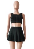 Summer Casual Black Short Vest and High Waist Pleated Skirt 2pc Set