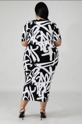 Summer Plus Size White and Black Print Bodycon Dress