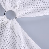 Summer White Hollow Out O-Ring Crochet Deep-V Mini Dress with Full Sleeves