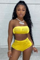 Summer Yellow Beaded Velvet Bandeau Top and Shorts 2pc Matching Set