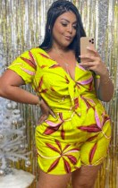 Plus Size Summer Print Yellow V-Neck Knotted Casual Rompers