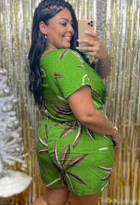 Plus Size Summer Print Green V-Neck Knotted Casual Rompers