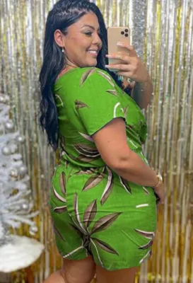 Plus Size Summer Print Green V-Neck Knotted Casual Rompers