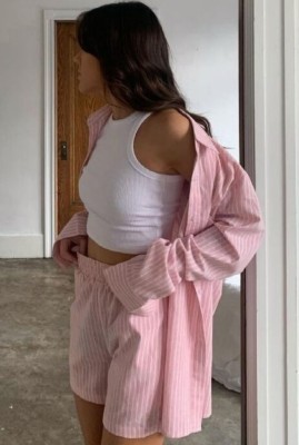 Summer Casual Pink Stripes Cotton Blouse and Shorts Lounge Set