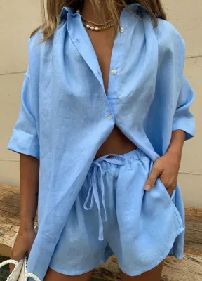 Summer Casual Blue Cotton Blouse and Shorts Lounge Set