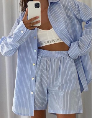 Summer Casual Blue Stripes Cotton Blouse and Shorts Lounge Set