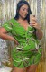 Plus Size Summer Print Green V-Neck Knotted Casual Rompers