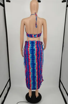 Summer Plus Size Colorful Lace-Up Crop Top and Side Slit Skirt Set