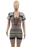 Summer Colorful Stripes Deep-V Ribbed Rompers