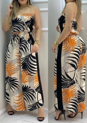 Summer Casual Print Strapless Wide Legges Jumpsuit