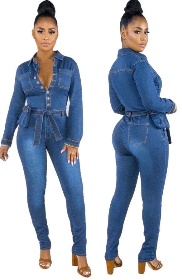 Spring Button Up Long Sleeve Blue Denim Jumpsuit with Belt