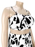 Summer Plus Size White and Black Strap Crop Top and Wide Pants Set
