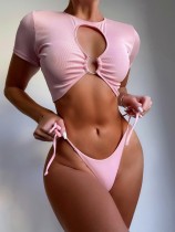 Summer Pink Two Piece Short Sleeves O-Ring Swimwear
