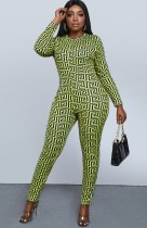 Summer Plus Size Print Green Long Sleeve Bodycon Jumpsuit