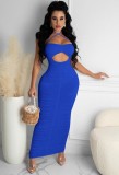 Summer Blue Sexy Cut Out Ruched Halter Midi Dress