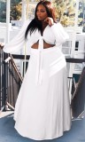 Summer Plus Size White Long Sleeve Knot Crop Top and Long Skirt Set